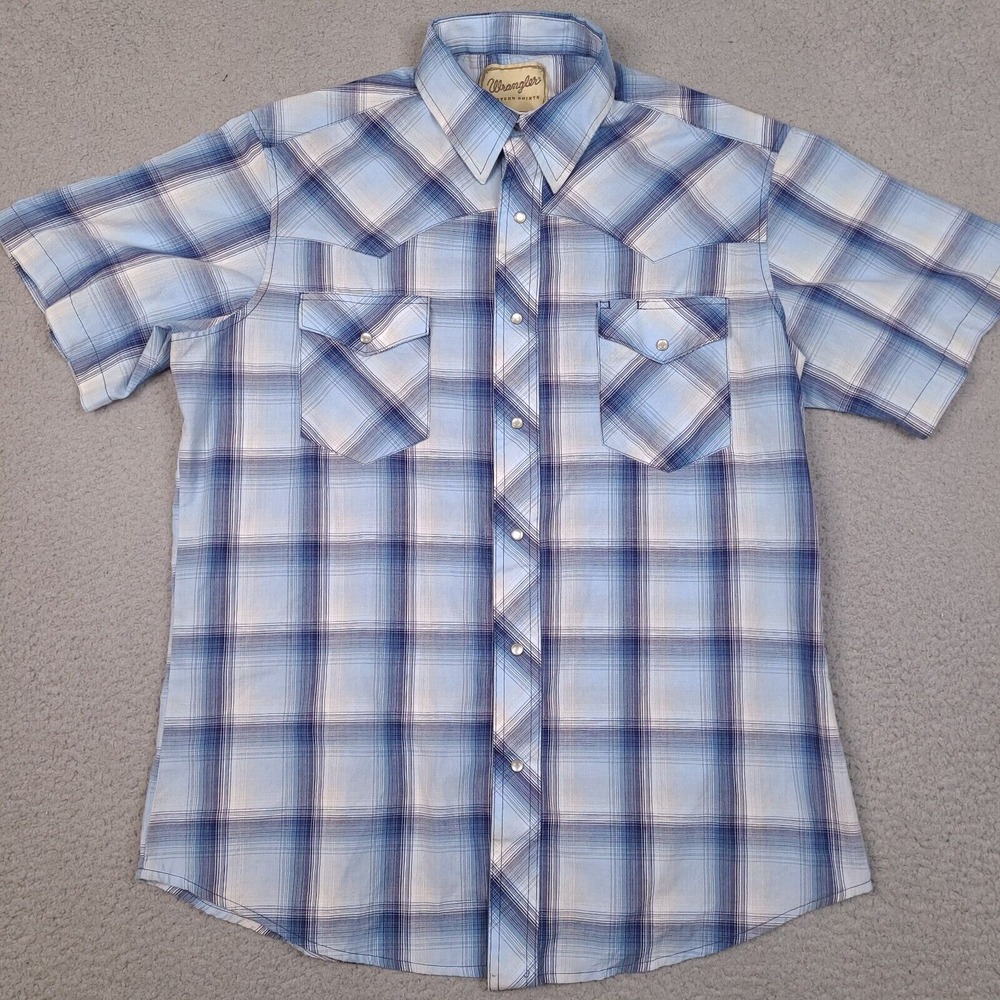 Wrangler‎ Shirt Mens Large Blue Plaid Pearl Snap Western Cowboy Rodeo